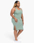 Beach Rose Co. plus size green ribbed tank midi dress with side slits worn by a model with white sneakers