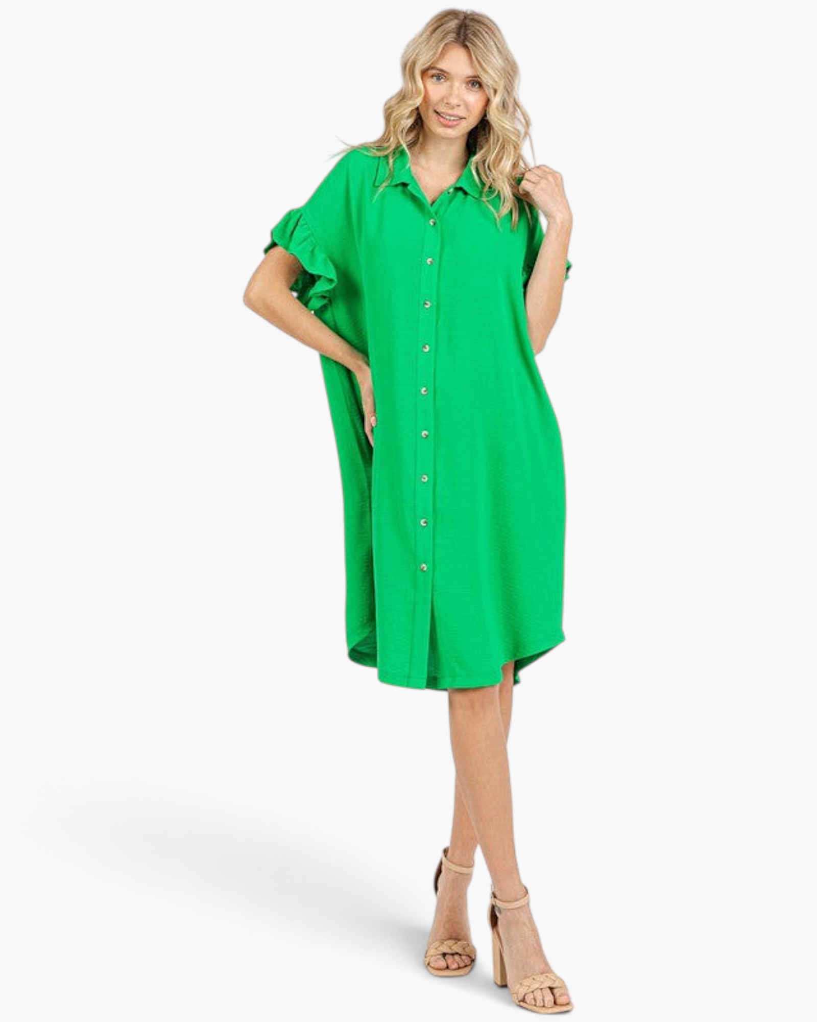 Beach Rose Co. green polyester shirt dress with ruffled sleeves, button front, and relaxed oversized fit.
