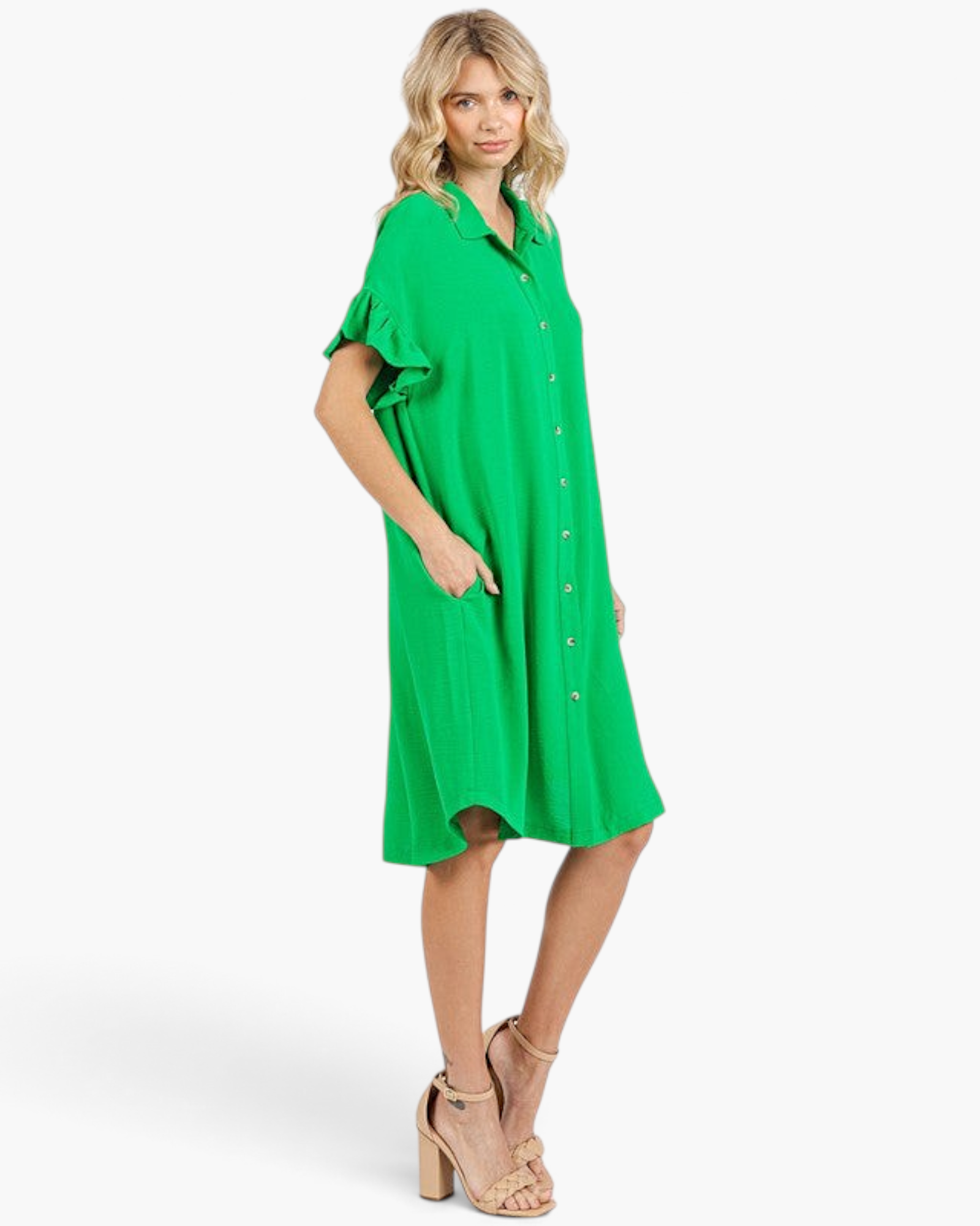 Beach Rose Co. green shirt dress with ruffled sleeves, button front, and side pockets on a blonde model