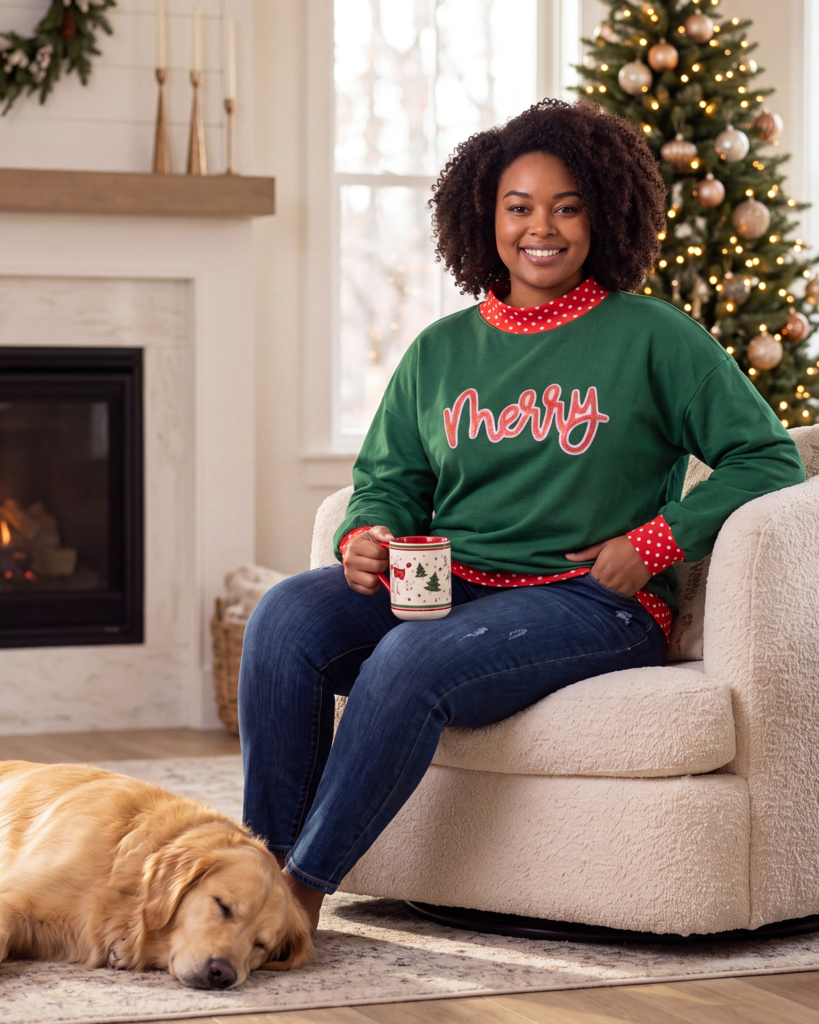 Beach Rose Co. green sweatshirt with red sequin merry text and polka dot trim worn by a woman in a cozy living room.