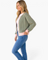 Beach Rose Co. green striped cardigan with pink trim, snap-front closure, and long sleeves worn by a model.