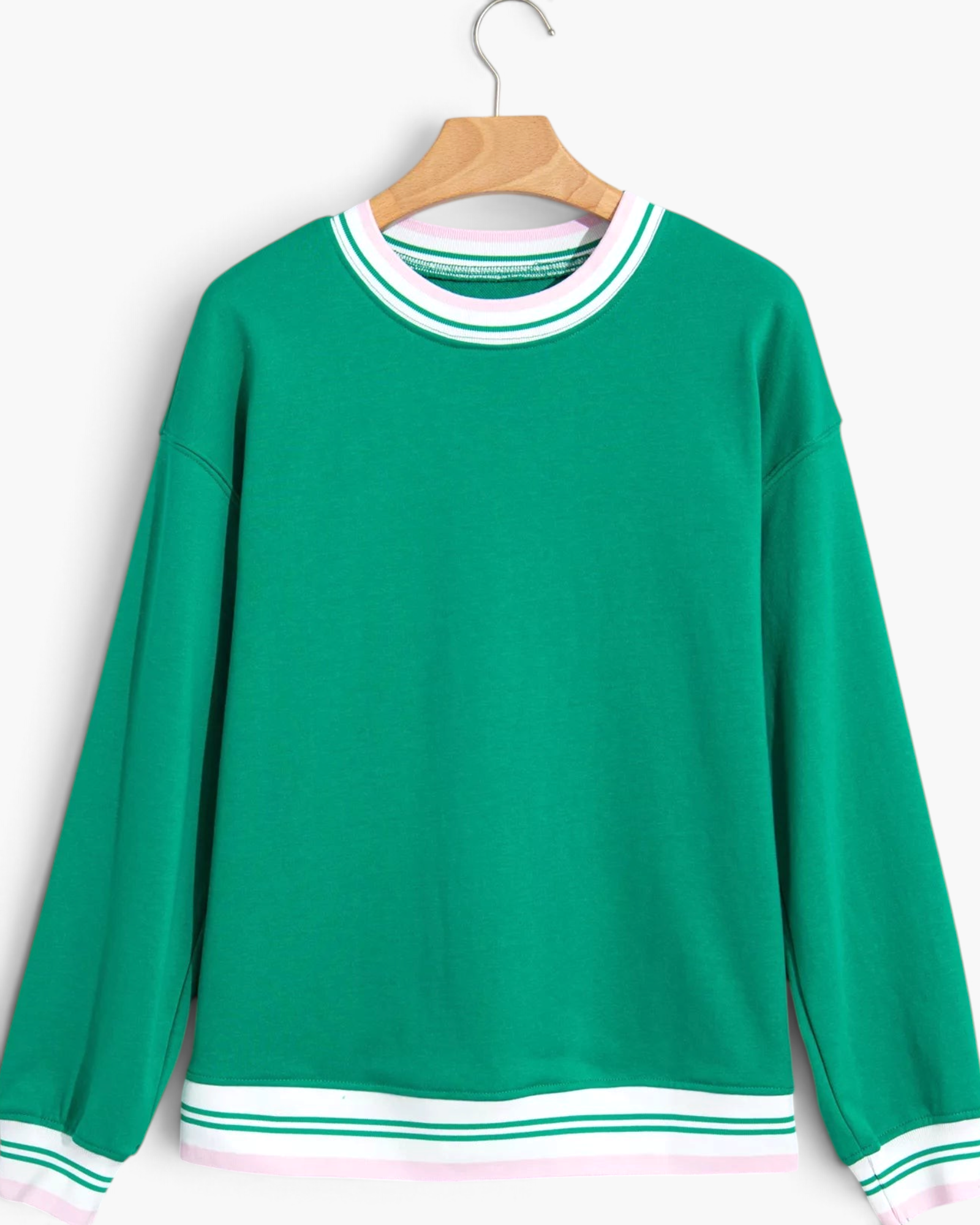 Beach Rose Co. green crewneck sweatshirt with pink and white striped trim on the neckline, cuffs, and hem.