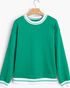 Beach Rose Co. green crewneck sweatshirt with pink and white striped trim on the neckline, cuffs, and hem.