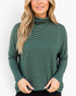Beach Rose Co. green micro-stripe turtleneck top with dropped shoulders and long sleeves on a blonde model