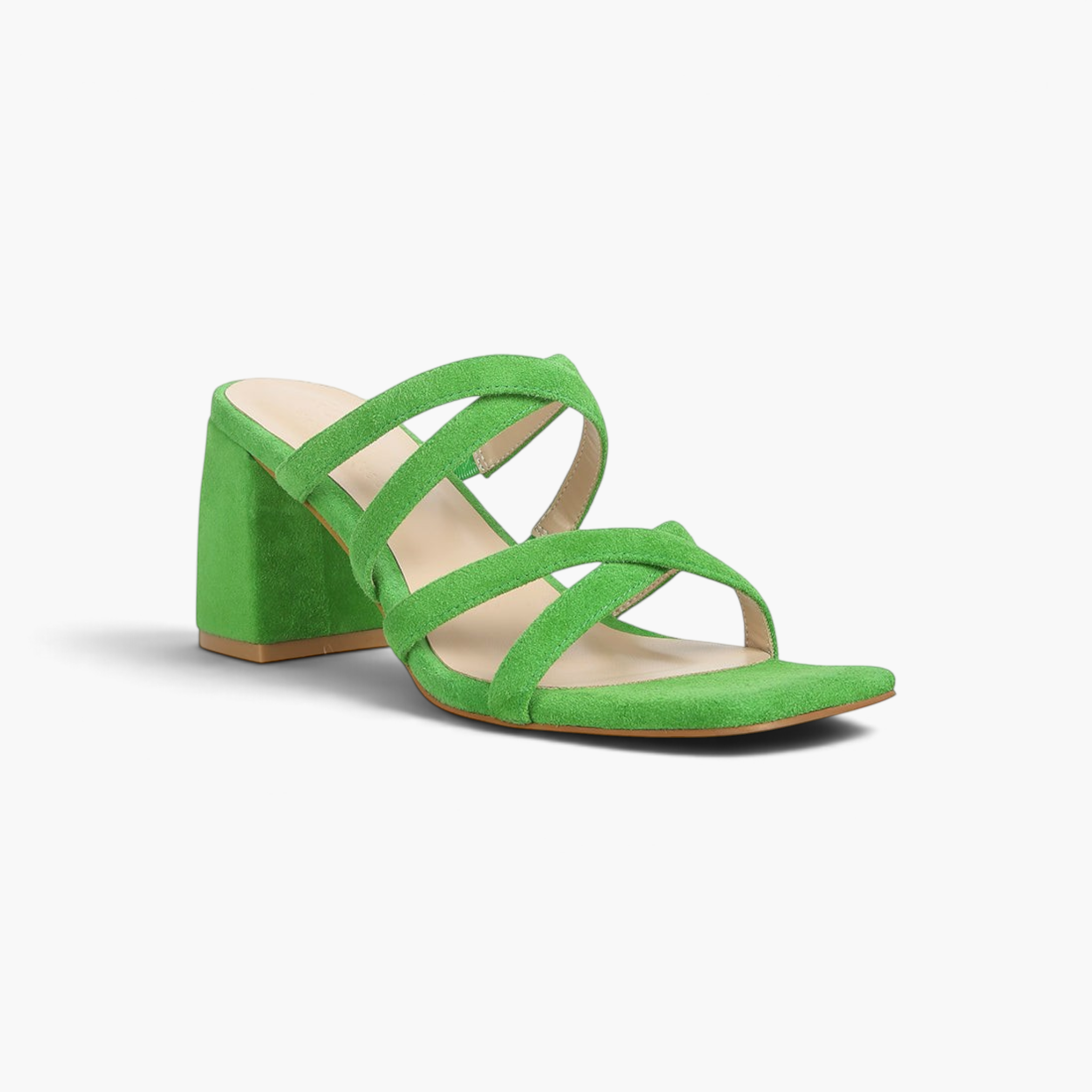 Beach Rose Co. green suede strappy block heel sandals with an open square toe and slip-on design.