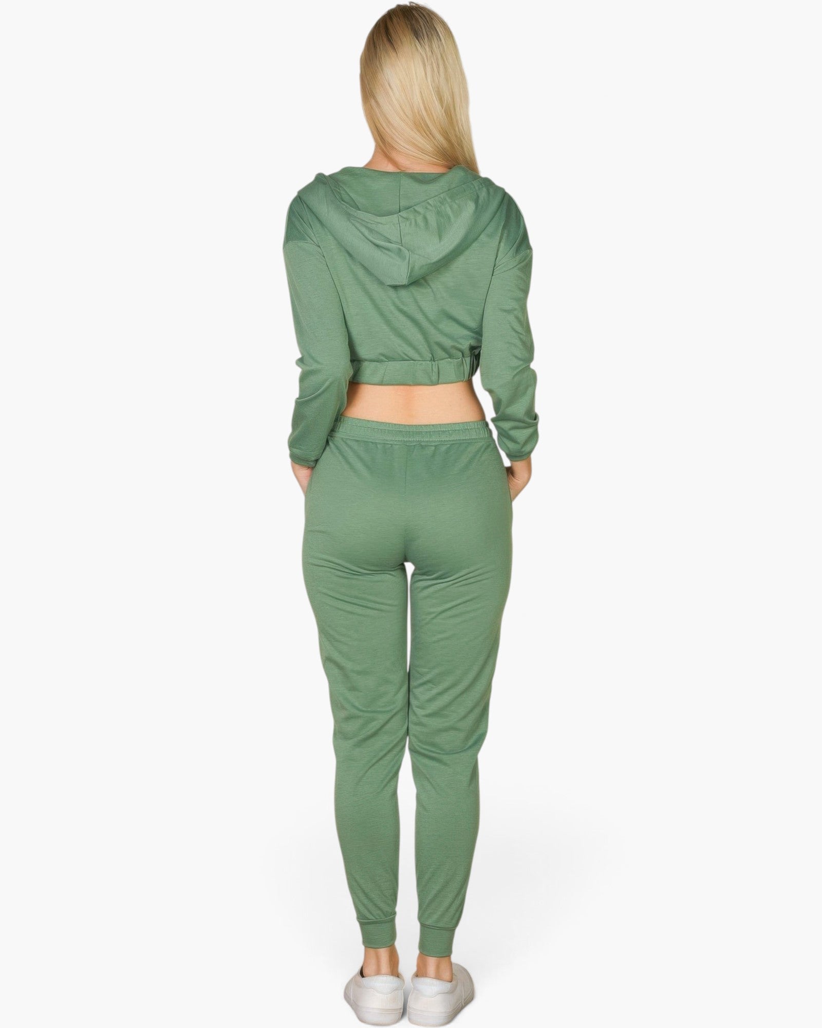 Beach Rose Co. green French terry cropped zip-up jacket and joggers set worn by a woman from the back view