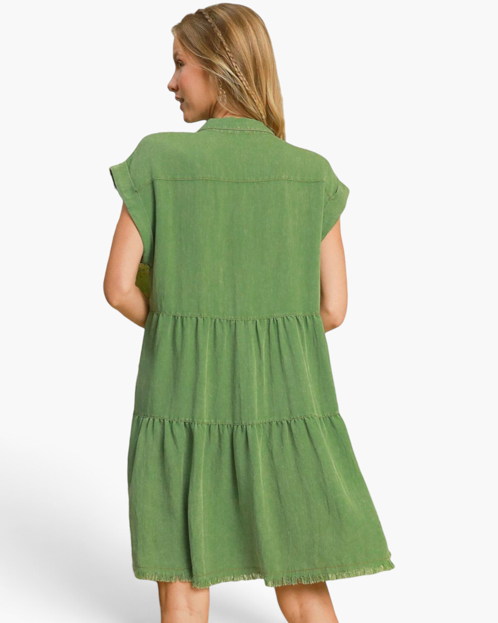 Beach Rose Co. green tiered shirt dress with a collared neckline and frayed hem, shown from the back on a model.