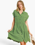 Beach Rose Co. green tiered shirt dress with button-front, chest pockets, and frayed hem on a blonde model