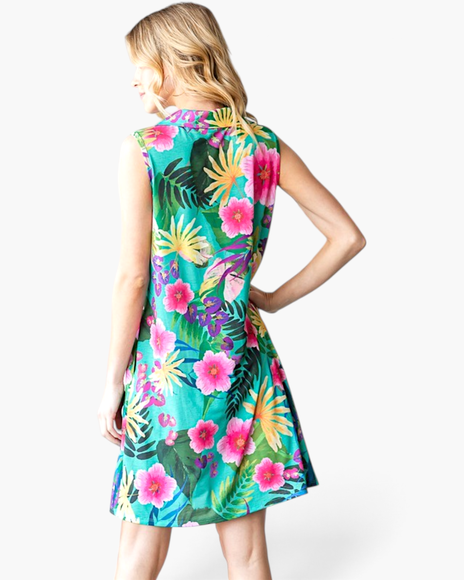 Beach Rose Co. green sleeveless swing dress with a vibrant tropical floral print and notched V-neckline