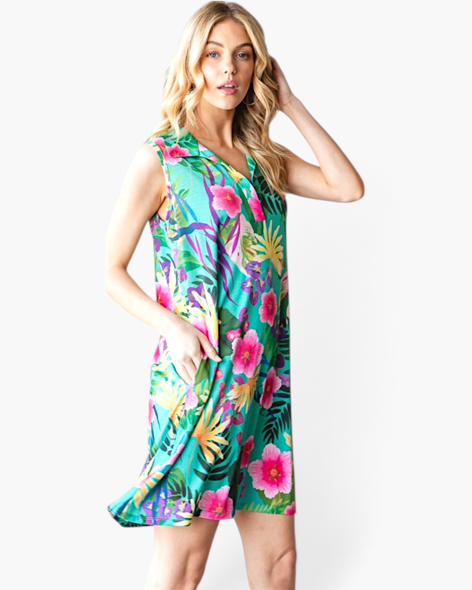 Beach Rose Co. sleeveless green swing dress with a vibrant tropical floral print, notched V-neck, and side pockets.