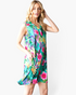 Beach Rose Co. sleeveless green swing dress with a vibrant tropical floral print, notched V-neck, and side pockets.