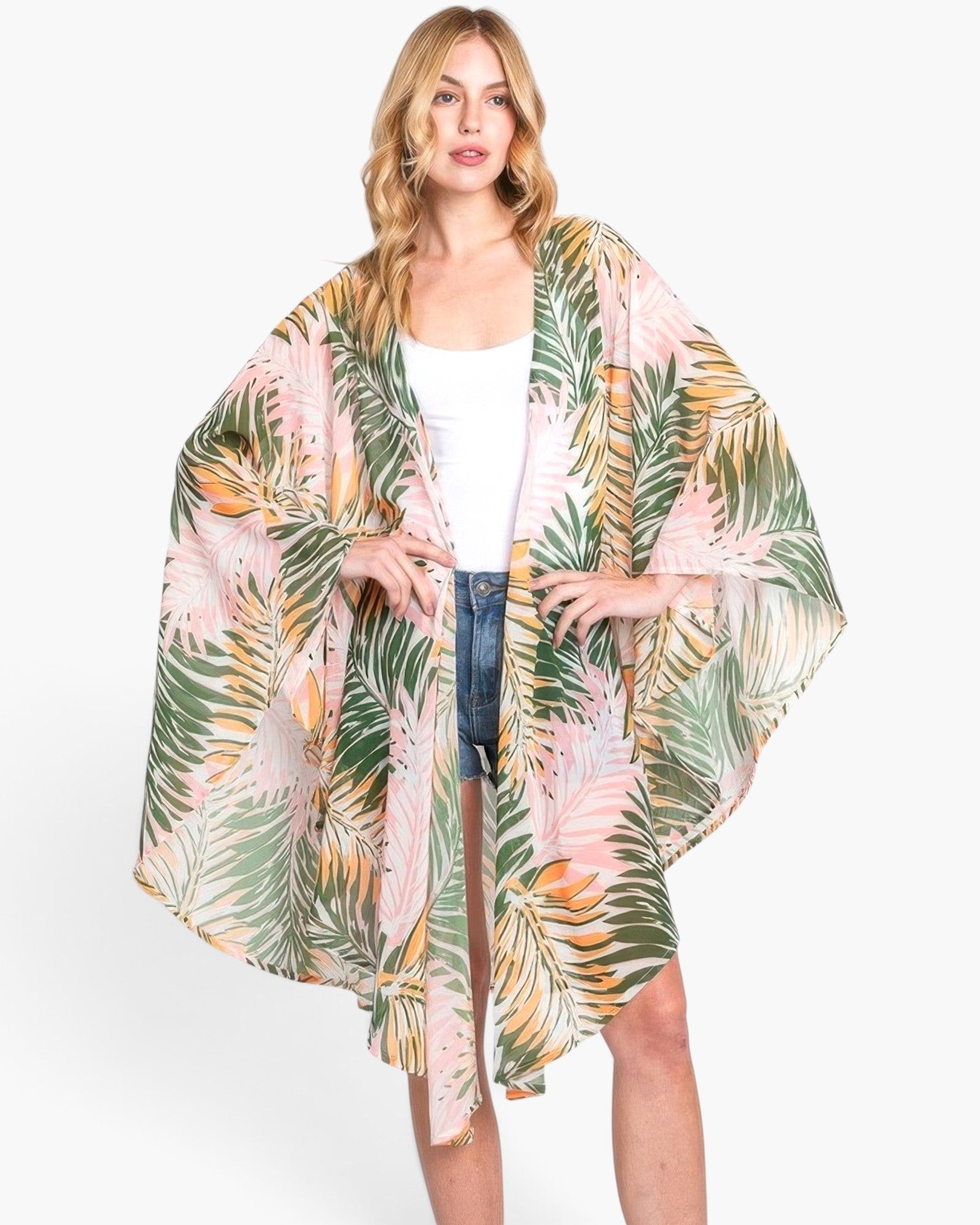 Beach Rose Co. green tropical palm print kimono with an open-front design and wide sleeves on a blonde model