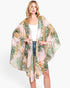 Beach Rose Co. green tropical palm print kimono with an open-front design and wide sleeves on a blonde model