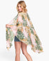 Beach Rose Co. green tropical palm print kimono with an oversized, semi-sheer draped silhouette on a blonde model.