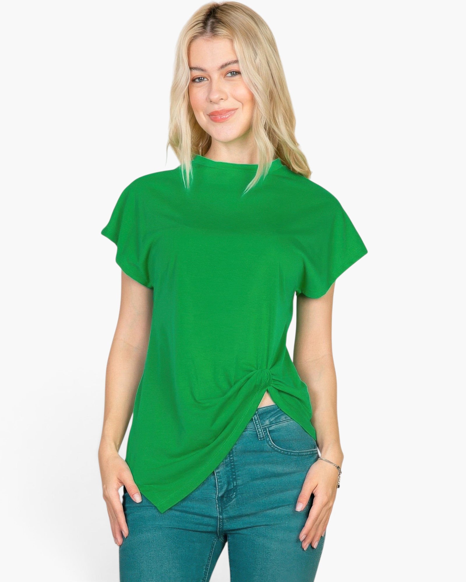 Beach Rose Co. green batwing sleeve tee with a twist-front detail worn by a blonde model with teal jeans