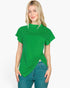 Beach Rose Co. green batwing sleeve tee with a twist-front detail worn by a blonde model with teal jeans