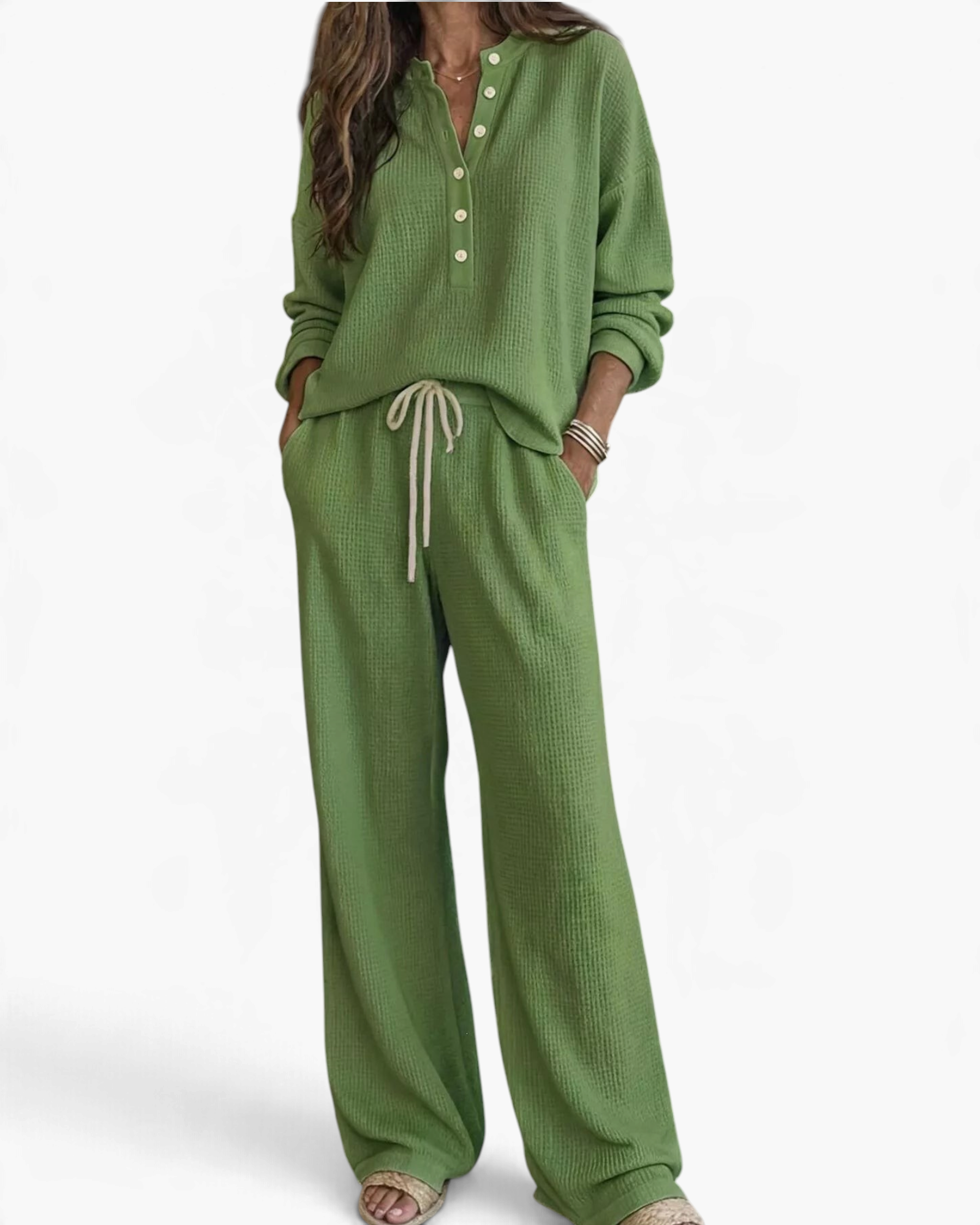 Beach Rose Co. green waffle knit two-piece lounge set with buttoned top and drawstring pants