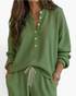 Beach Rose Co. green waffle-knit two-piece lounge set with button-up top and drawstring pants