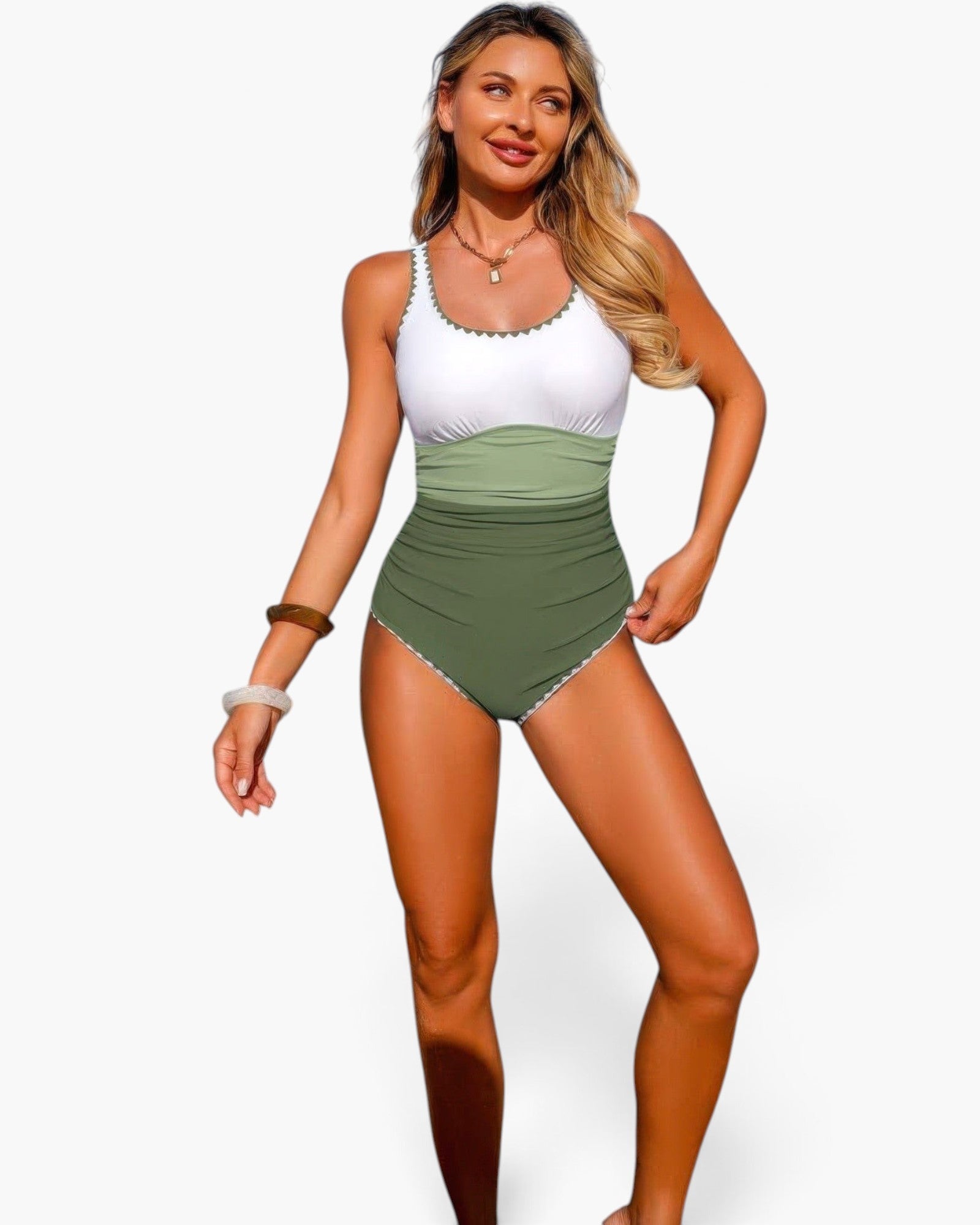 Beach Rose Co. one-piece swimsuit with a U-neck, featuring a white and green color block design in stretch fabric.