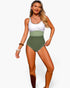 Beach Rose Co. one-piece swimsuit with a U-neck, featuring a white and green color block design in stretch fabric.