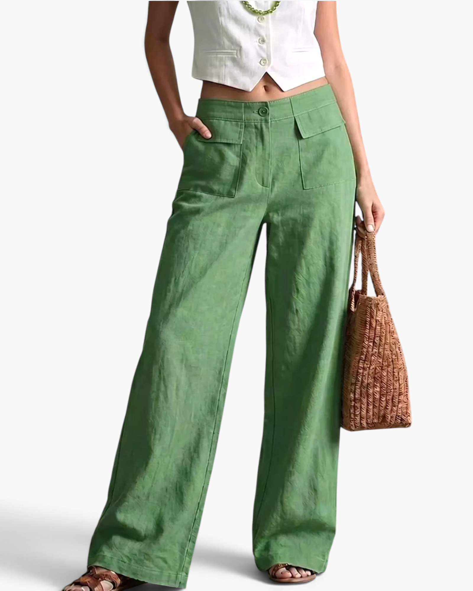 Beach Rose Co. green wide-leg cotton blend pants featuring oversized front flap pockets and a flat front waistband.