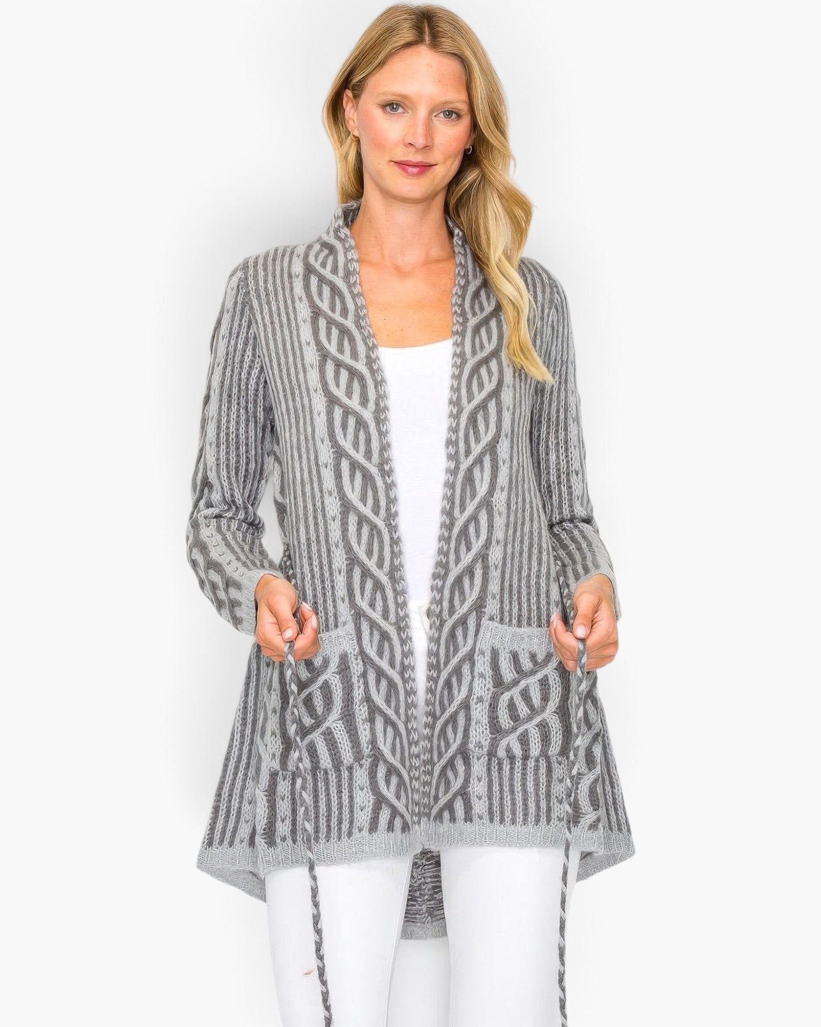 Beach Rose Co. grey cable knit open cardigan with front pockets and belt string worn by a blonde model