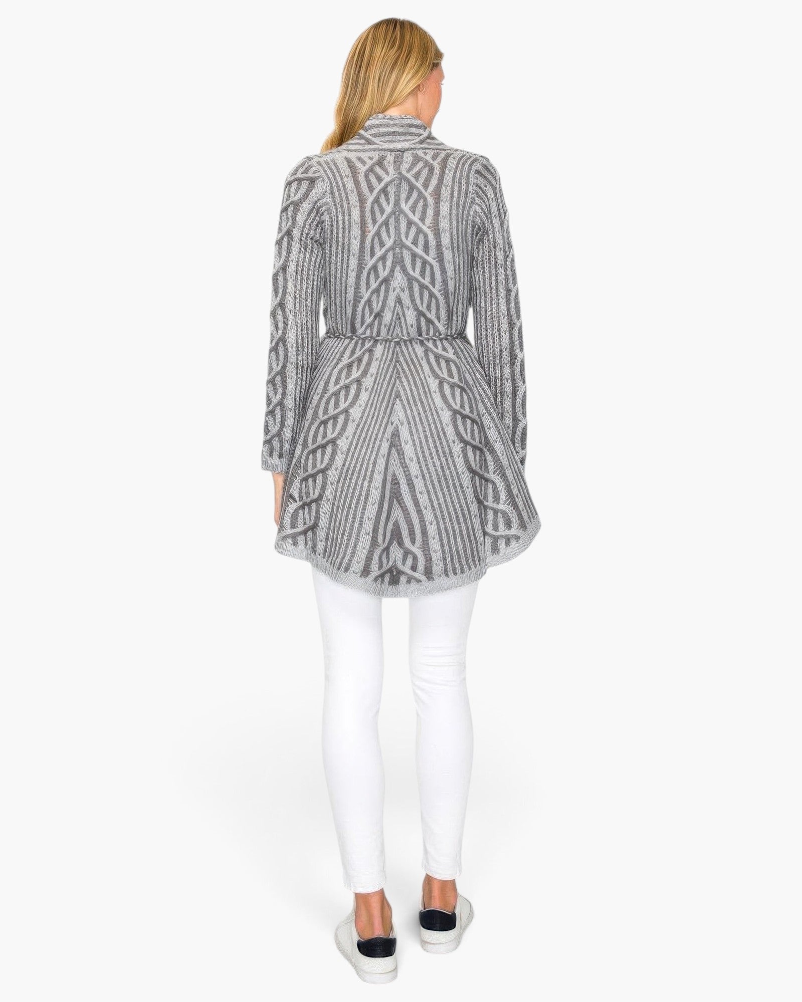 Beach Rose Co. grey wool blend cardigan with intricate cable knit pattern and belted waist, back view on a model.