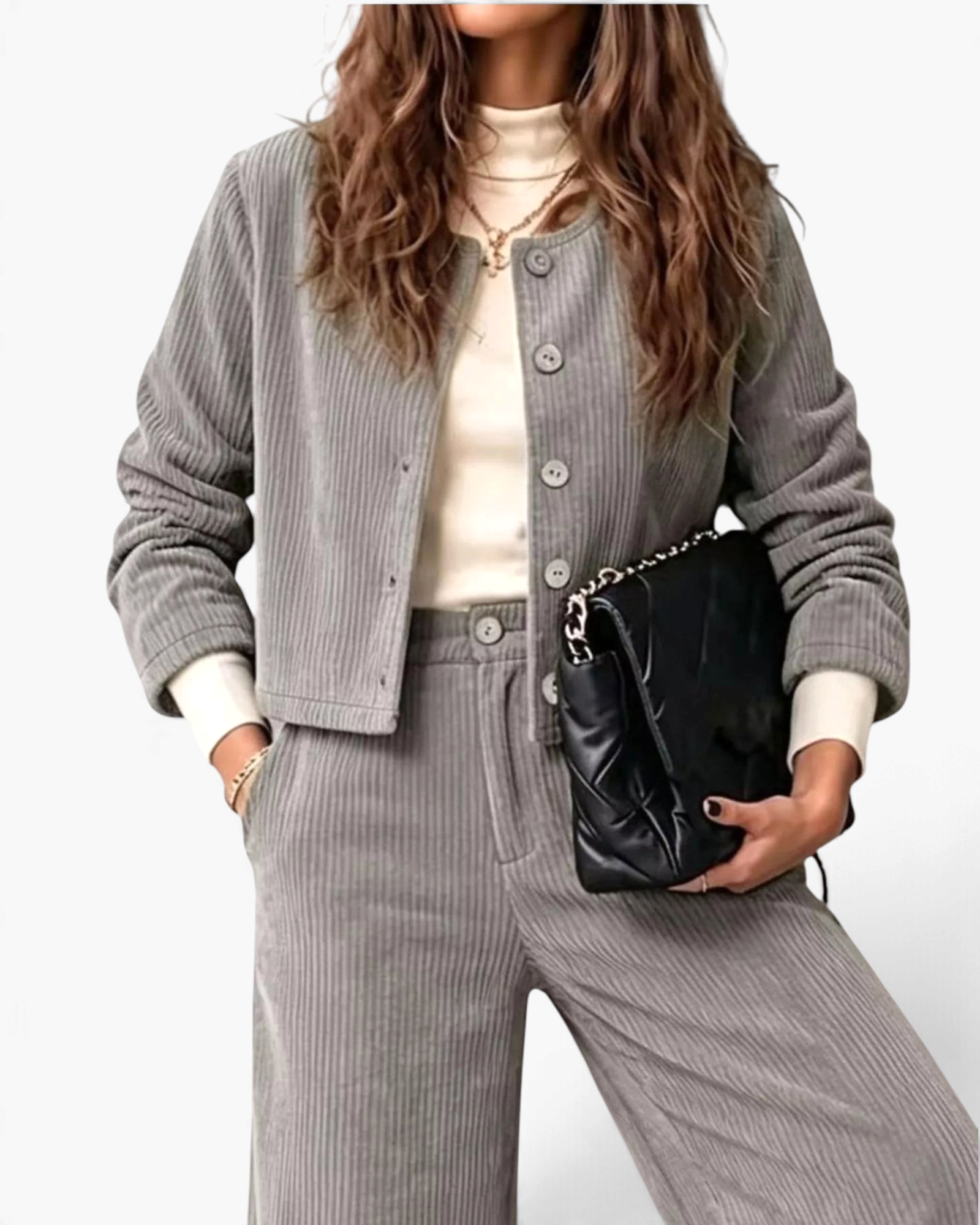Beach Rose Co. grey corduroy two-piece set with a button-front jacket and wide-leg pants worn with a cream top.