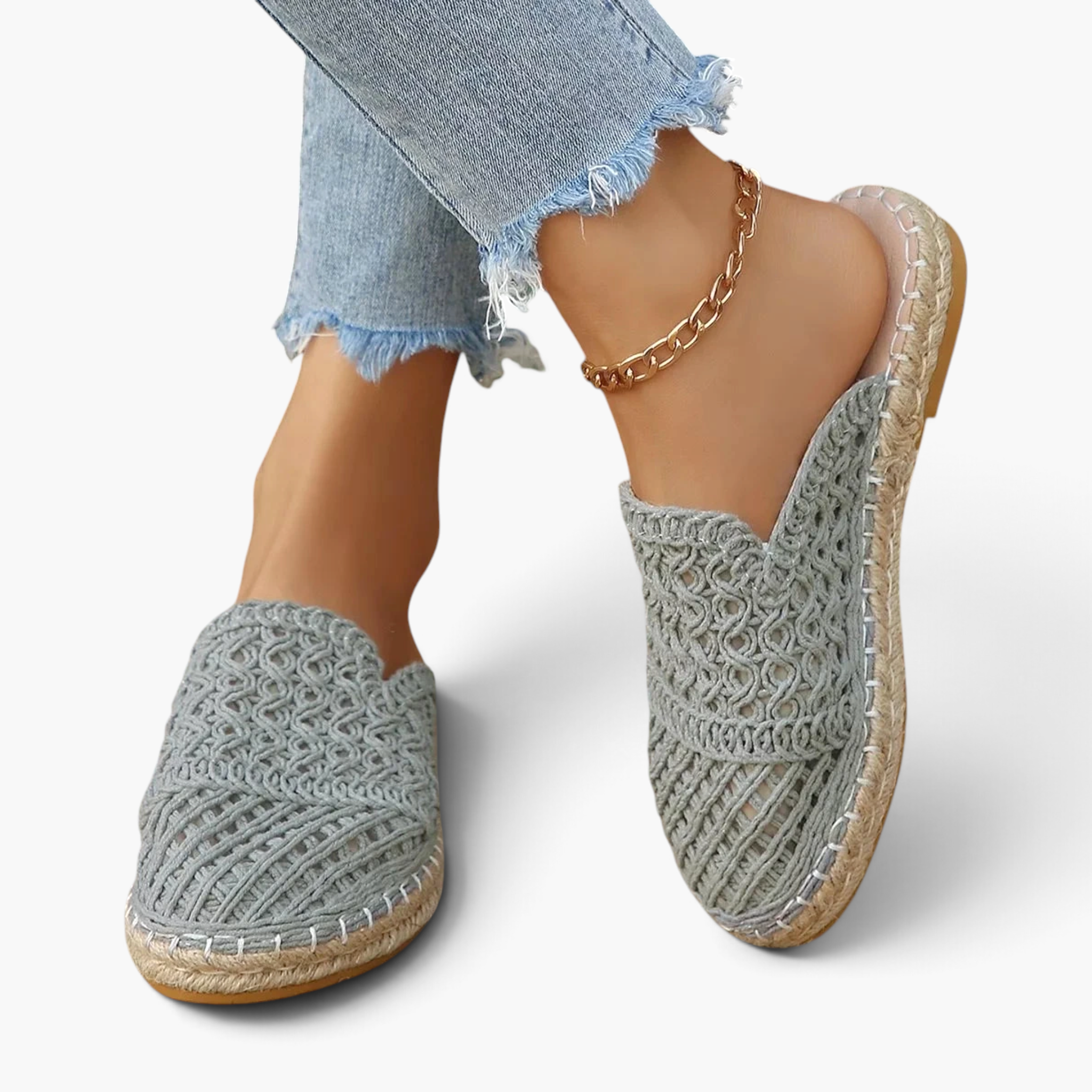 Beach Rose Co. grey crochet-style mesh espadrille mules with braided sole trim and closed round toe.