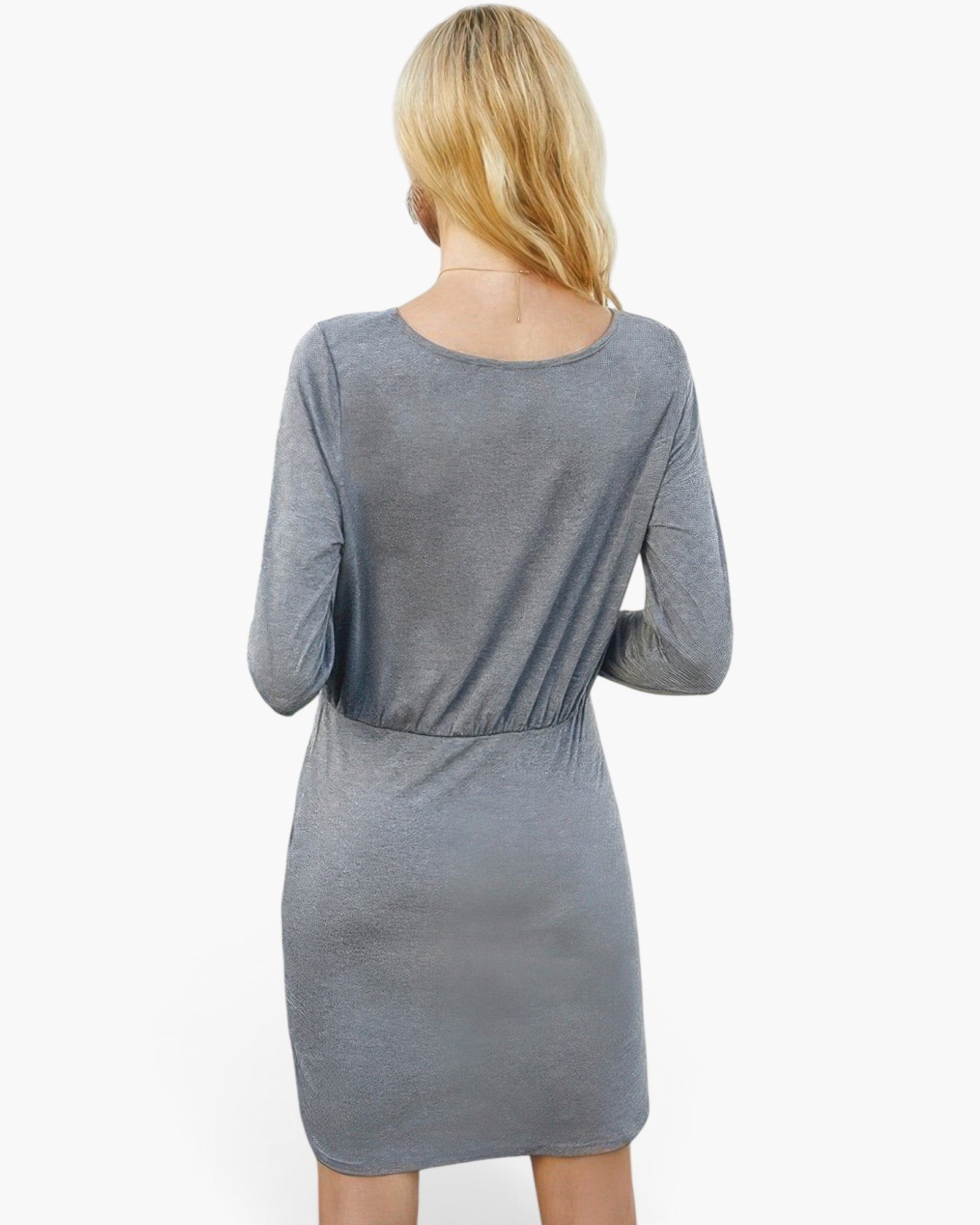Back view of a Beach Rose Co. grey crew neck dress with a high waist drawstring, worn by a blonde woman.