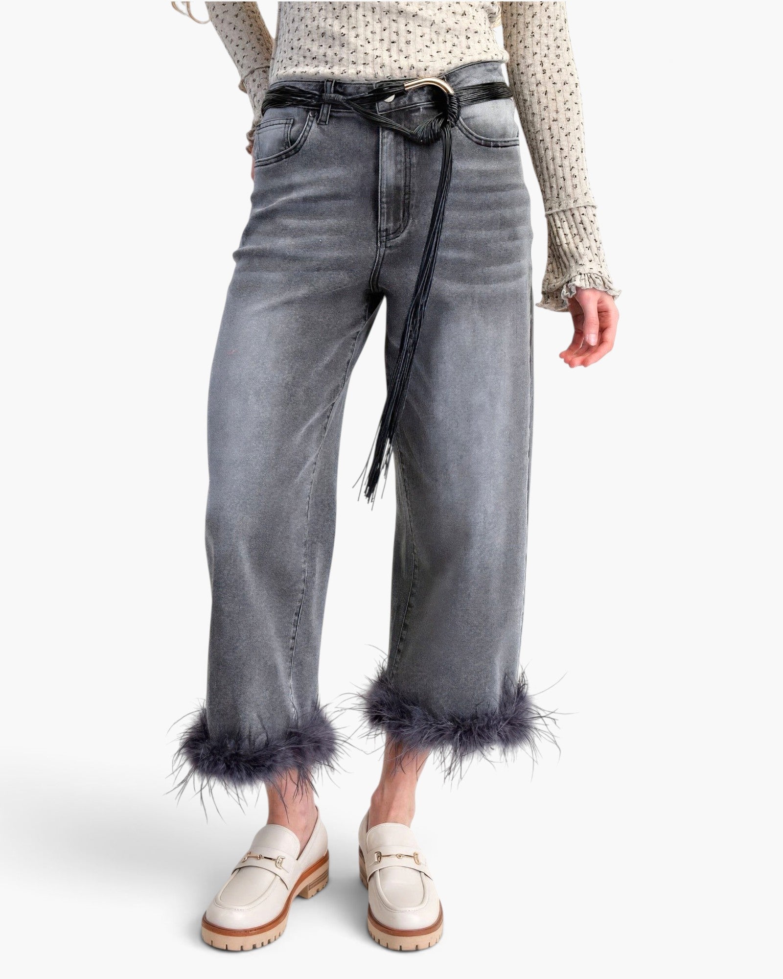 Beach Rose Co. high-waisted washed grey stretch denim pants with a cropped straight-leg fit and feather hem trim.