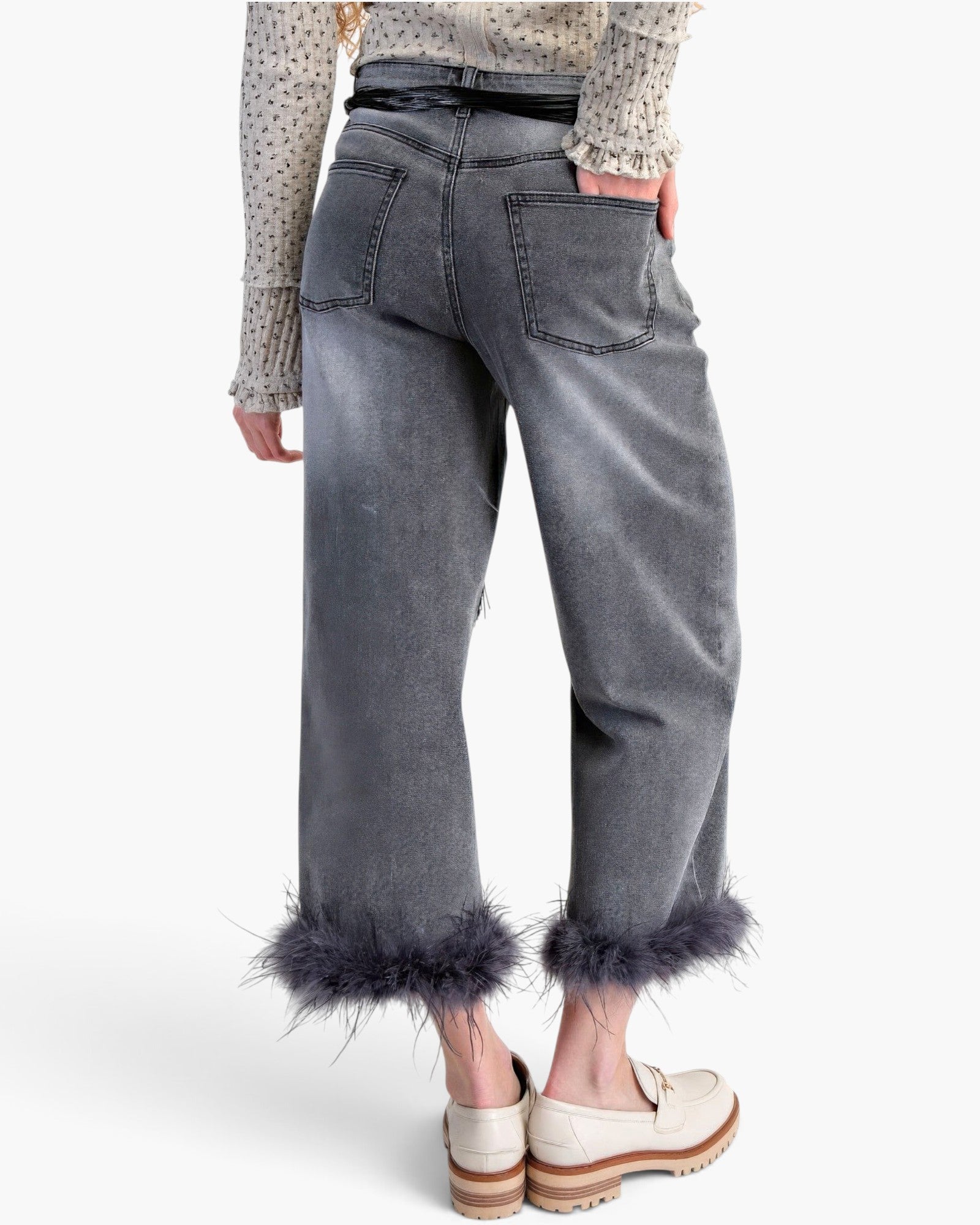 Beach Rose Co. high-waisted grey washed stretch denim pants with a straight-leg cropped fit and feather hem trim.