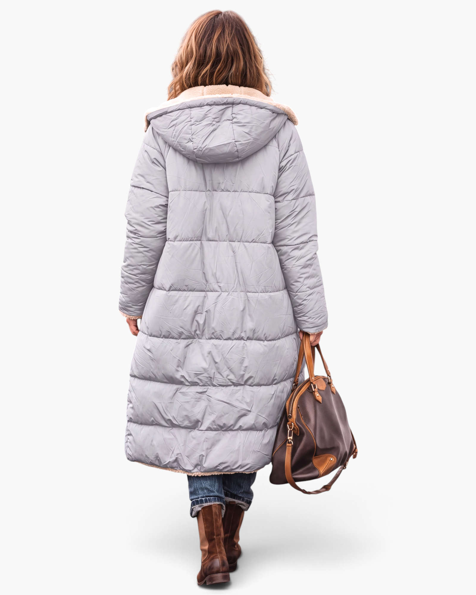 Beach Rose Co. grey longline quilted coat with fleece-lined hood, worn by a woman from behind with a brown handbag.