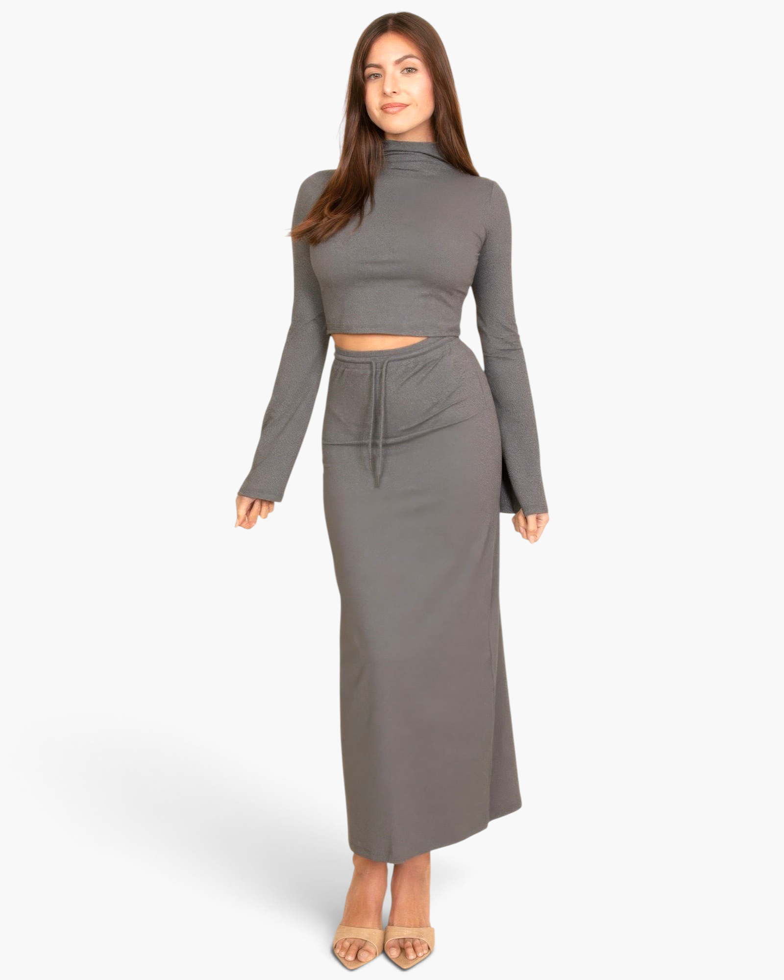 Beach Rose Co. grey mock neck crop top with bell sleeves and matching maxi skirt with drawstring waist on a model.