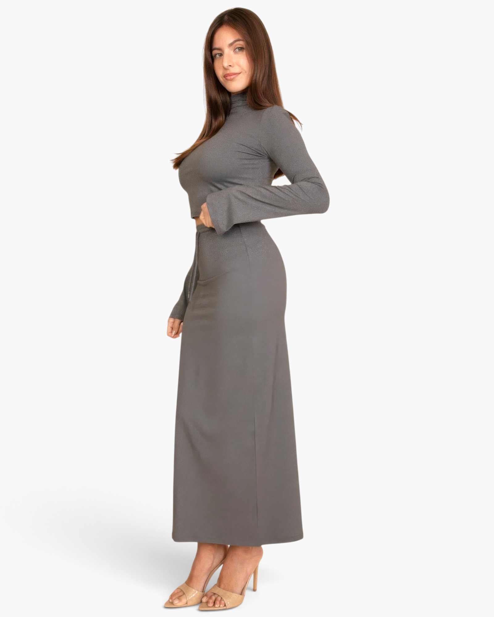 Beach Rose Co. heather grey mock neck crop top with bell sleeves and matching maxi skirt worn by a model