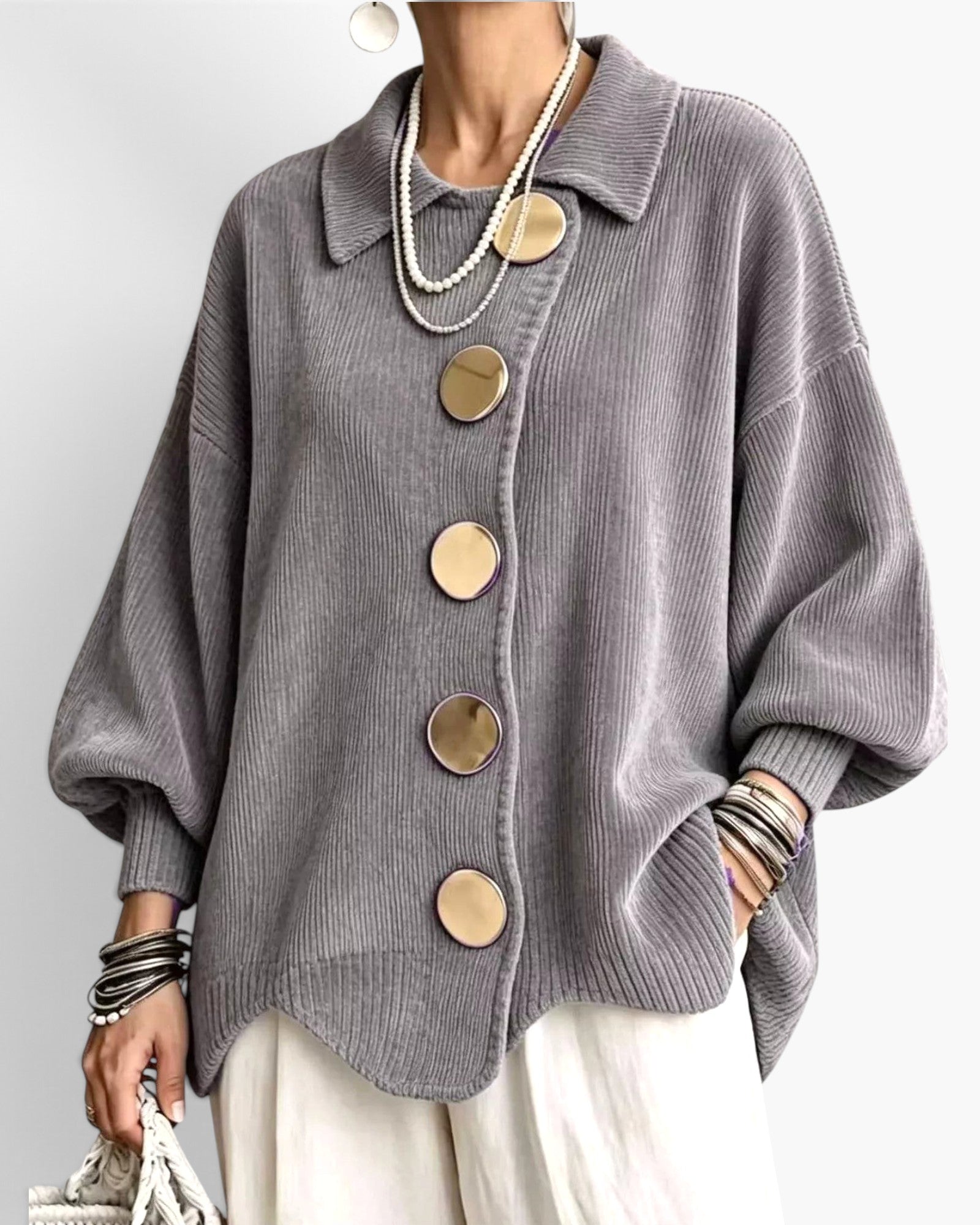 Beach Rose Co. grey ribbed knit cardigan with oversized buttons, balloon sleeves, collar, and a scalloped hem.