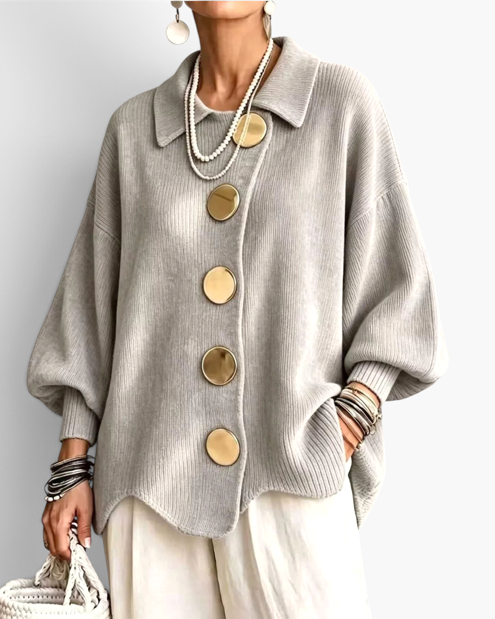 Beach Rose Co. grey ribbed knit cardigan with balloon sleeves, oversized gold buttons, collar, and scalloped hem.