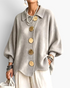 Beach Rose Co. grey ribbed knit cardigan with balloon sleeves, oversized gold buttons, collar, and scalloped hem.