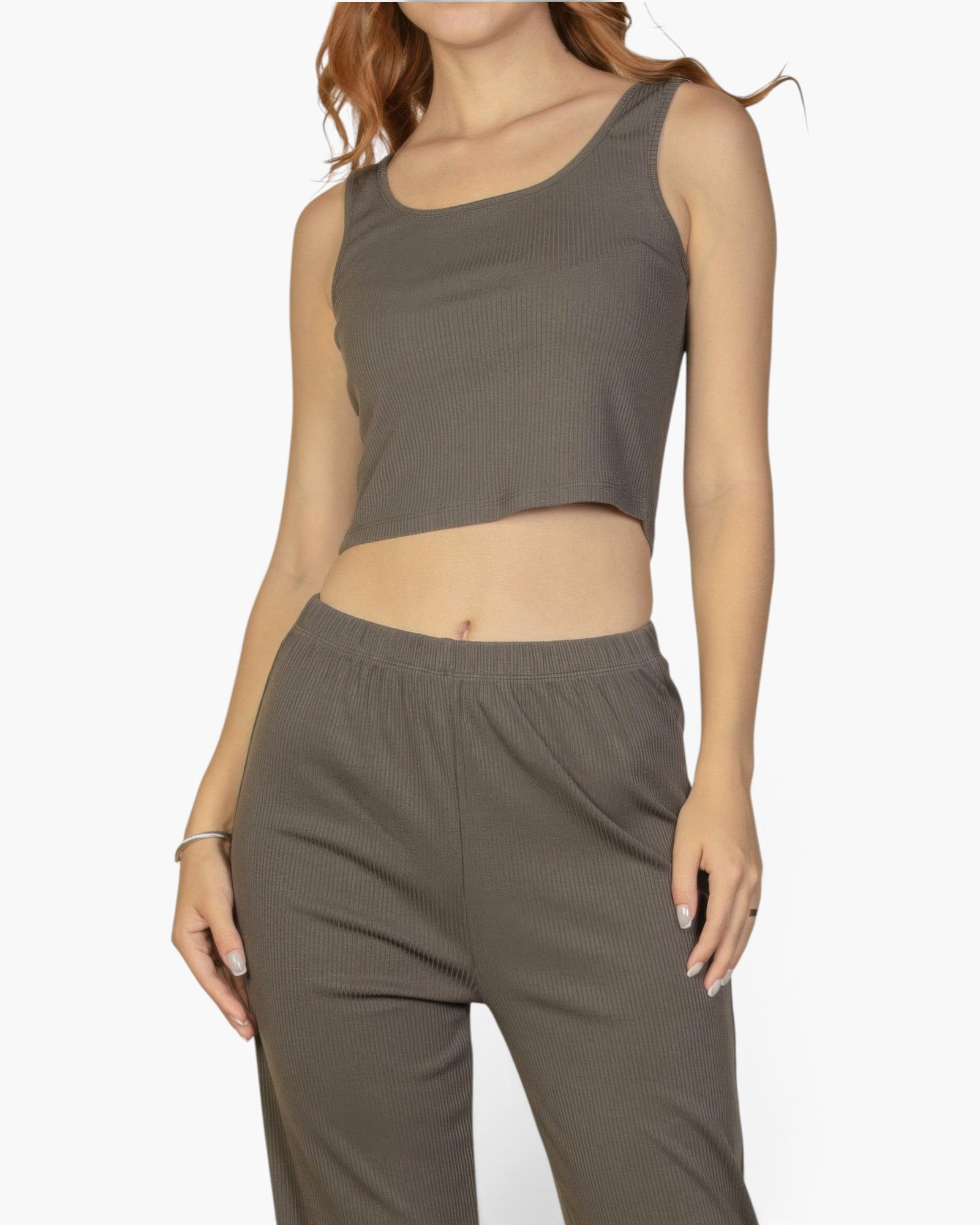 Beach Rose Co. grey ribbed cami top and matching straight-leg pants set on a model