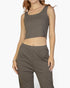 Beach Rose Co. grey ribbed cami top and matching straight-leg pants set on a model