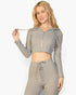 Beach Rose Co. grey ribbed crop zip hoodie worn by a blonde woman, featuring a soft knit and sporty casual style.