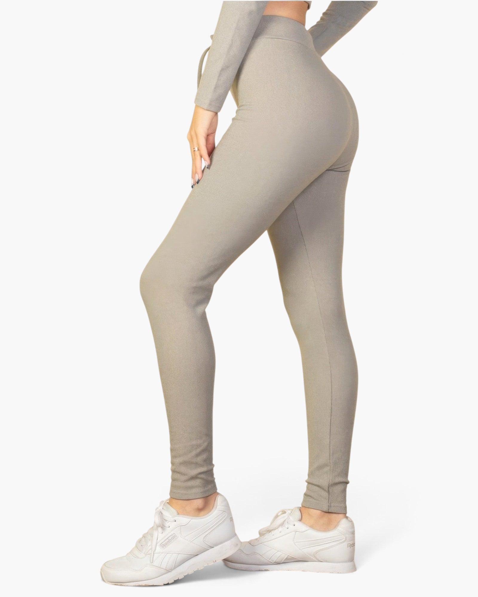 Beach Rose Co. grey ribbed lounge leggings with a tie-front drawstring waist worn by a model in white sneakers.