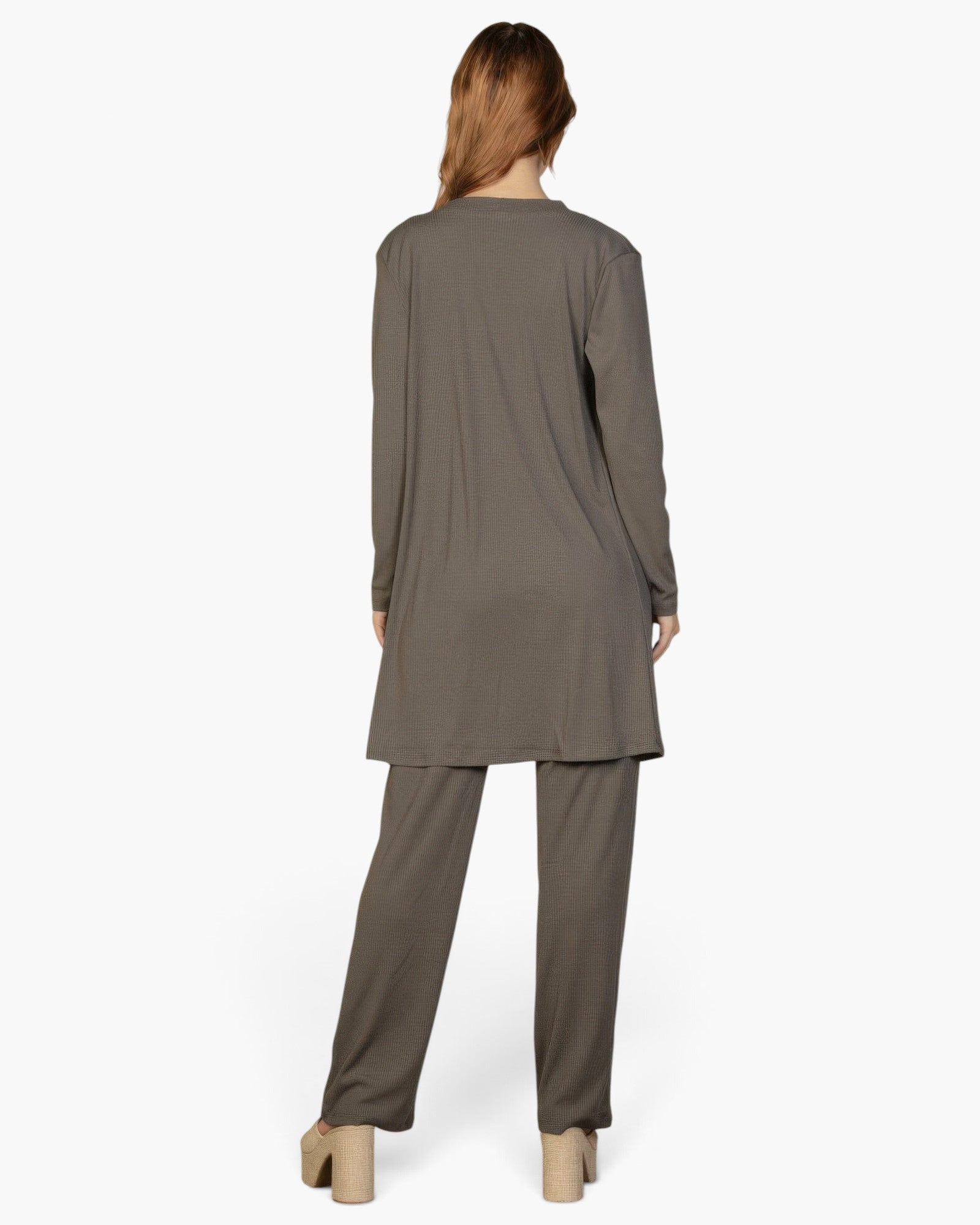 Beach Rose Co. grey ribbed 3-piece loungewear set featuring a long cardigan, cami top, and straight-leg pants.