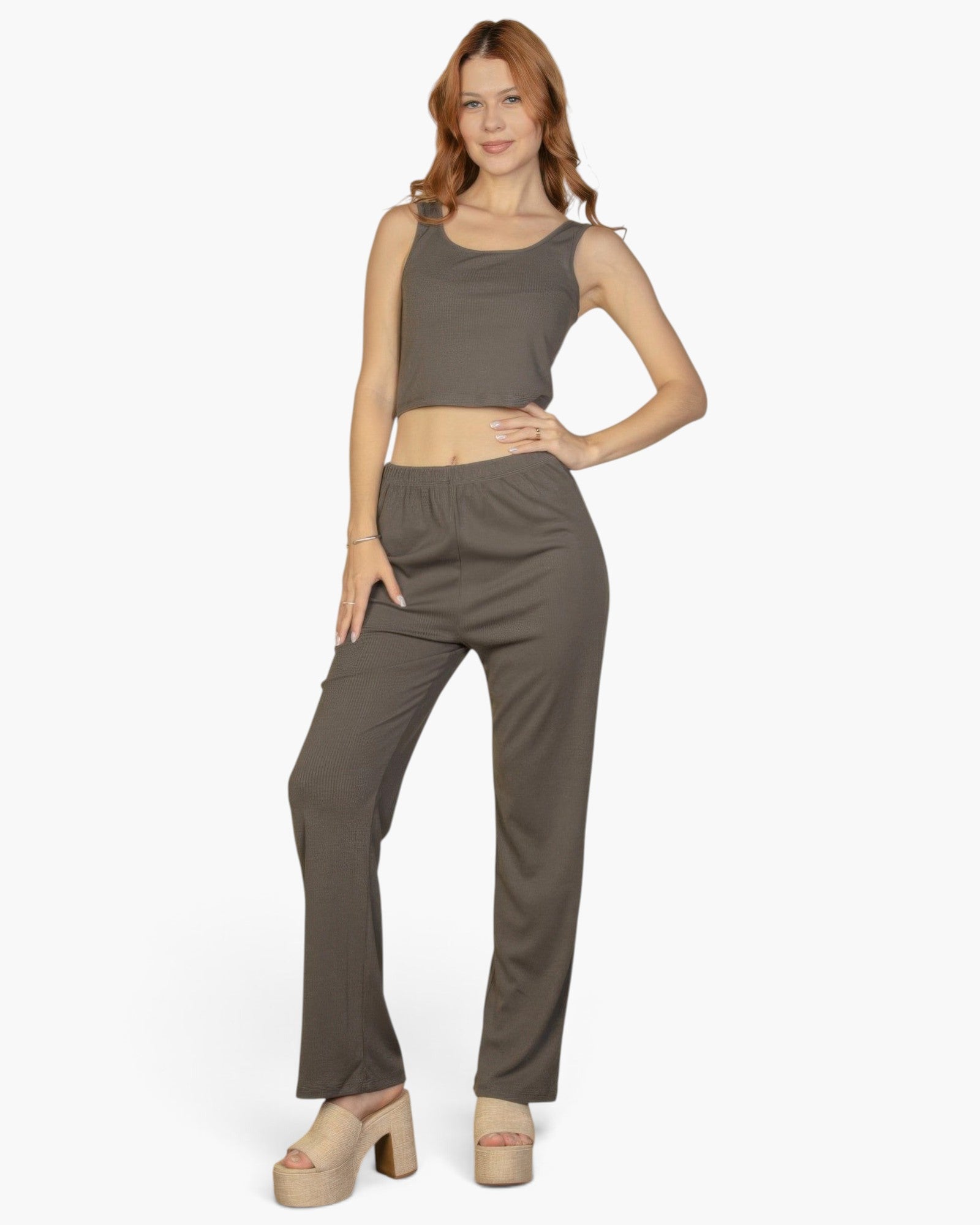 Beach Rose Co. grey ribbed cami top and straight-leg pants set worn by a model with platform mules