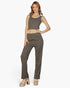 Beach Rose Co. grey ribbed cami top and straight-leg pants set worn by a model with platform mules