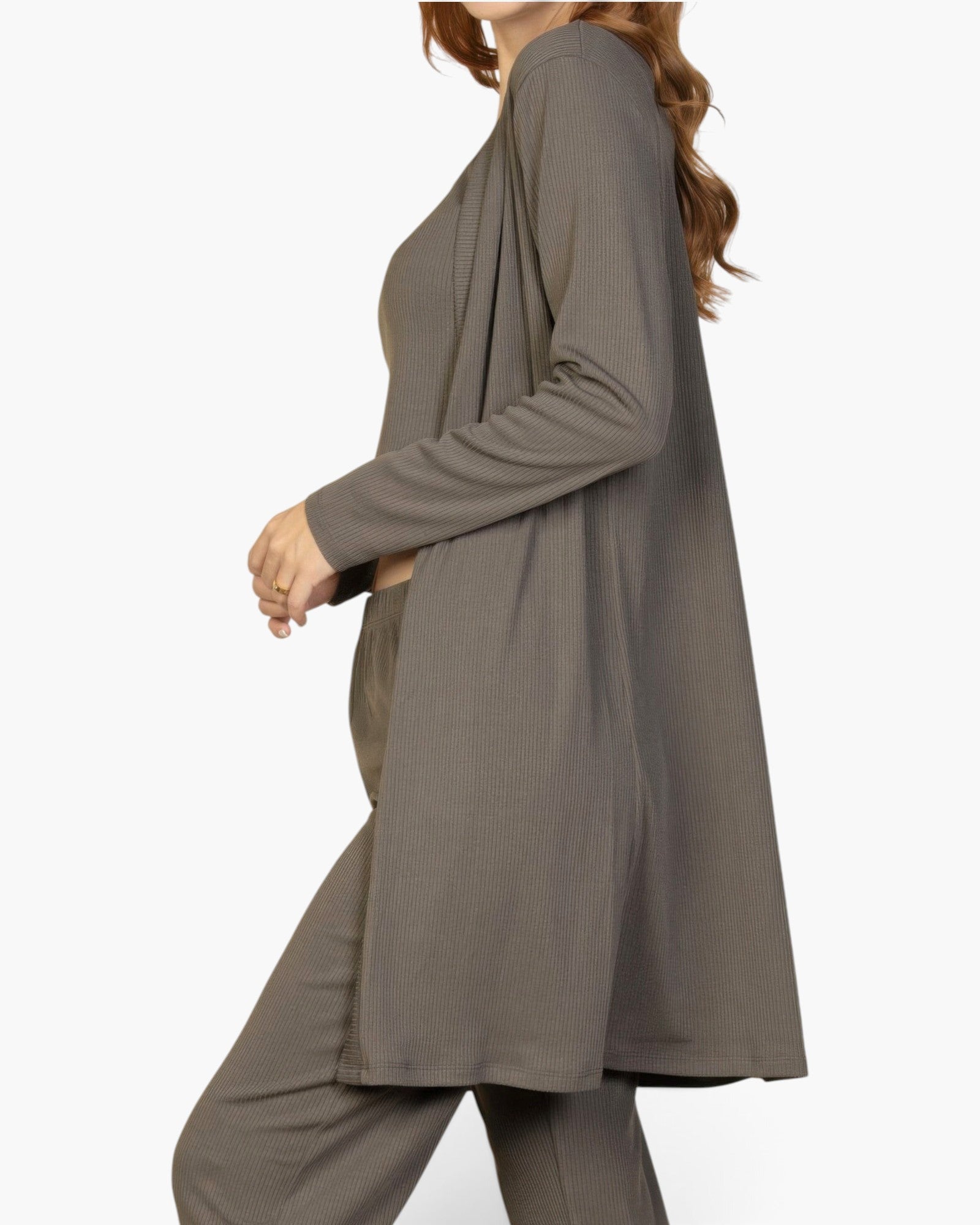 Beach Rose Co. grey ribbed 3-piece loungewear set featuring a cami, straight-leg pants, and a long open cardigan.