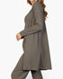 Beach Rose Co. grey ribbed 3-piece loungewear set featuring a cami, straight-leg pants, and a long open cardigan.