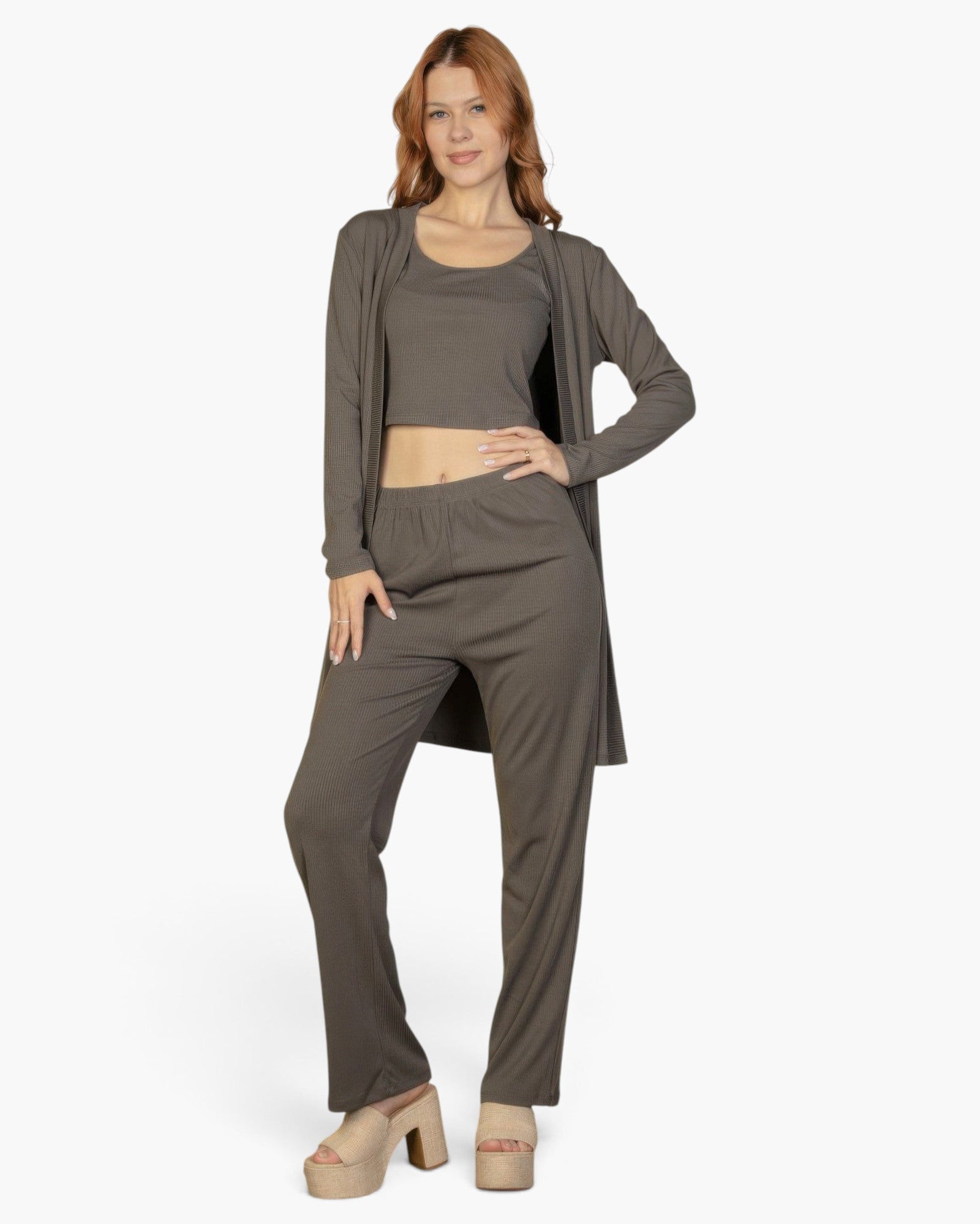 Beach Rose Co. grey ribbed 3-piece loungewear set with cami top, straight-leg pants, and long cardigan on a model.