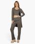 Beach Rose Co. grey ribbed 3-piece loungewear set with cami top, straight-leg pants, and long cardigan on a model.
