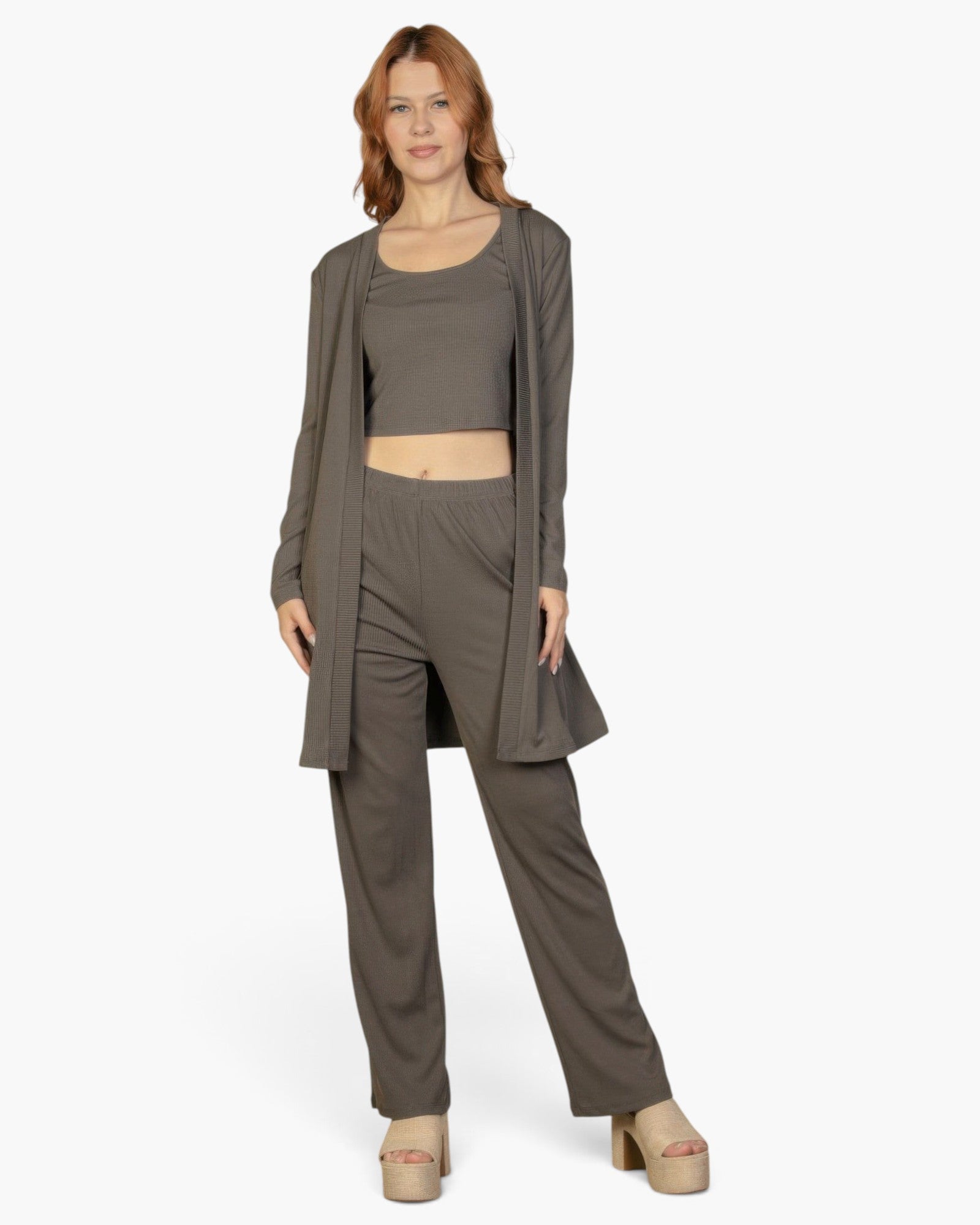 Beach Rose Co. grey 3-piece loungewear set with ribbed cami, straight-leg pants, and long cardigan on a model